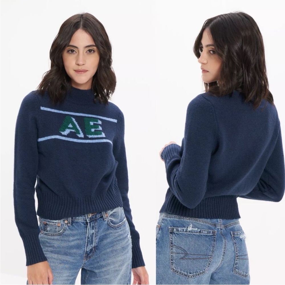 AE Smiley Mockneck Sweater - Navy Blue